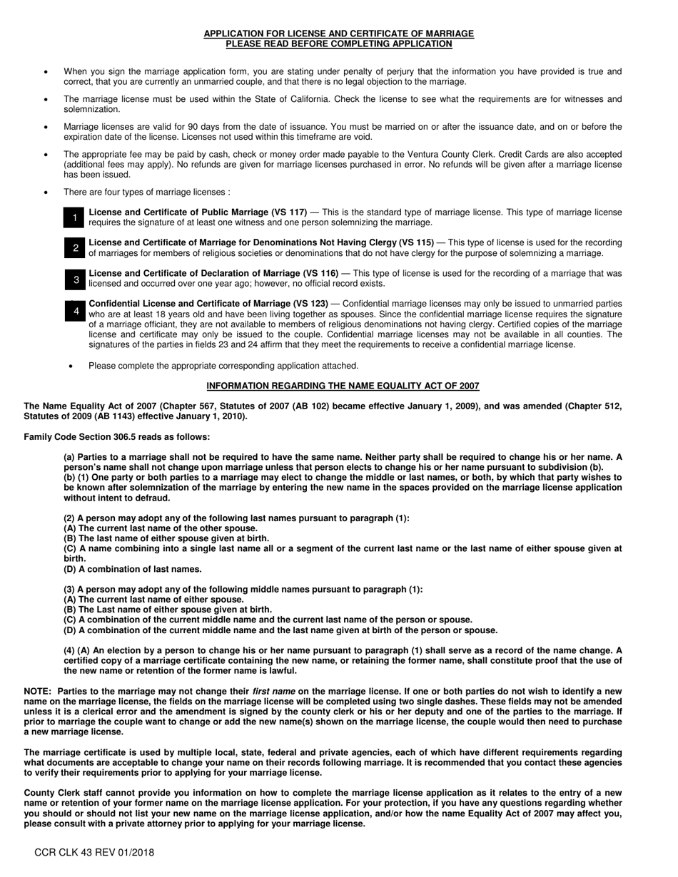 Application for License and Certificate of Marriage - Ventura County, California, Page 1