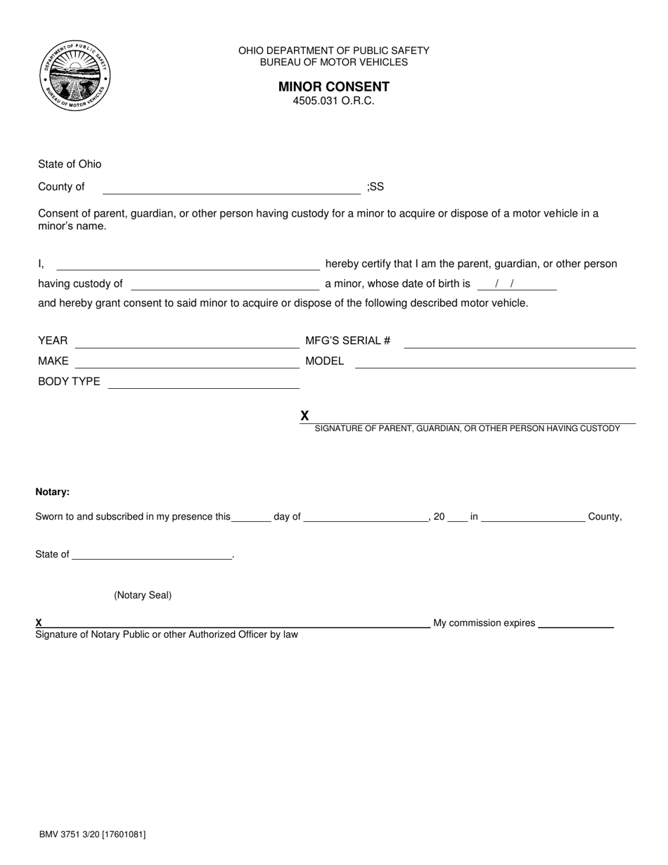 Form BMV3751 Minor Consent - Ohio, Page 1
