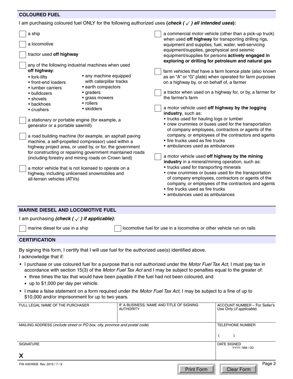Form FIN430 Coloured Fuel Certification (Includes Marine Diesel and Locomotive Fuel) - British Columbia, Canada, Page 2
