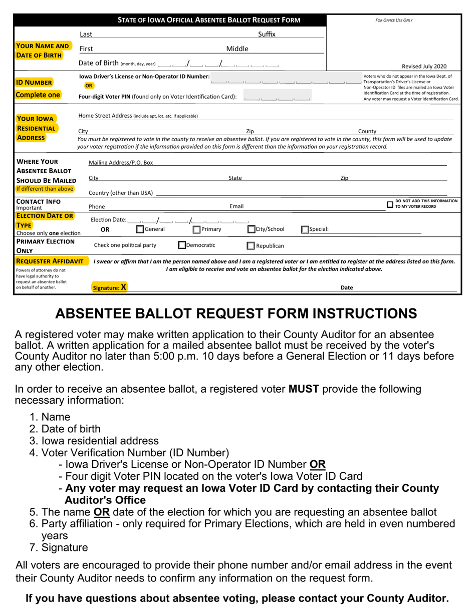 State of Iowa Official Absentee Ballot Request Form - Iowa, Page 1