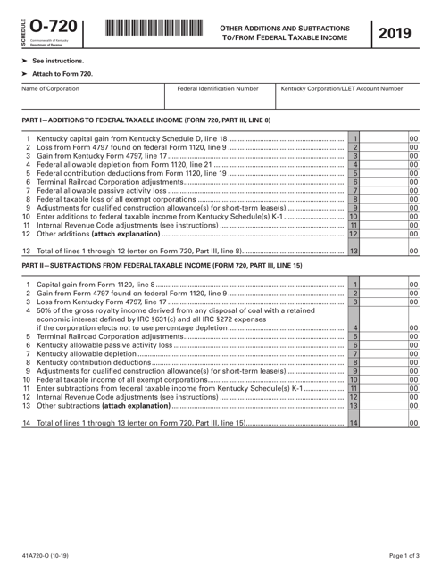 Form 41A720-O Schedule O-720 Other Additions and Subtractions to/From Federal Taxable Income - Kentucky, 2019