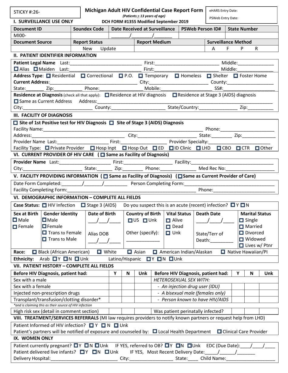 Form DCH-1355 Michigan Adult HIV Confidential Case Report Form - Michigan, Page 1