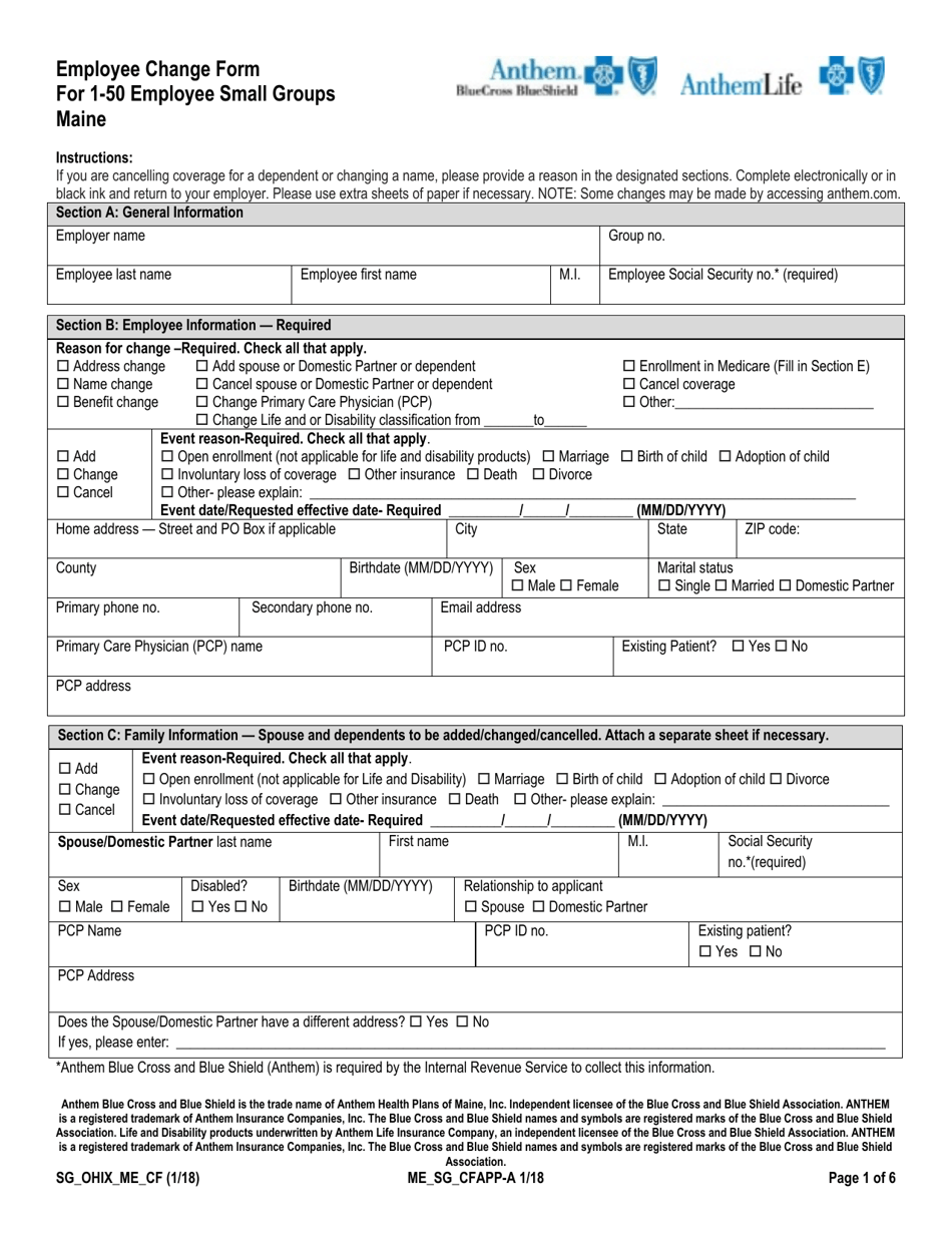 Form SG_OHIX_ME_CF Employee Change Form for 1-50 Employee Small Groups - Bluecross Blueshield, Page 1