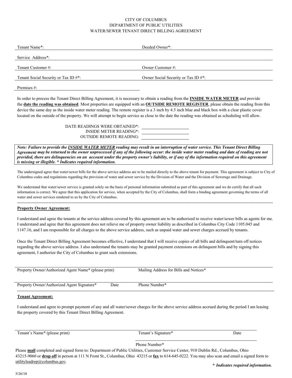 Water / Sewer Tenant Direct Billing Agreement - City of Columbus, Ohio, Page 1