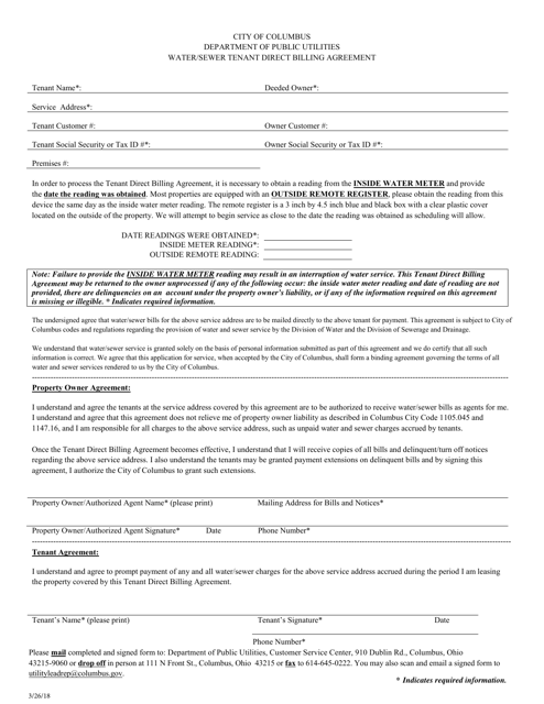 Water / Sewer Tenant Direct Billing Agreement - City of Columbus, Ohio Download Pdf