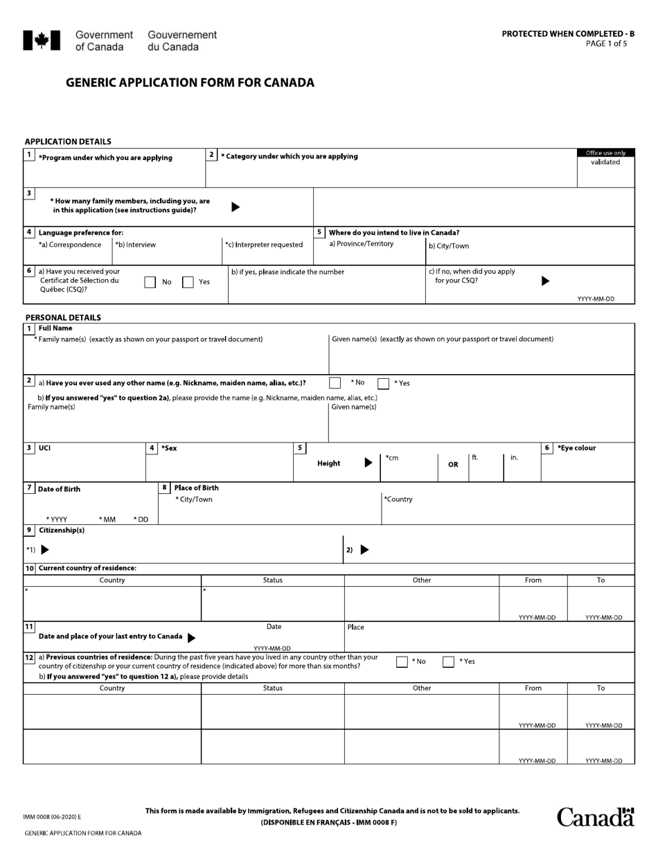 Form IMM0008 Generic Application Form for Canada - Canada, Page 1