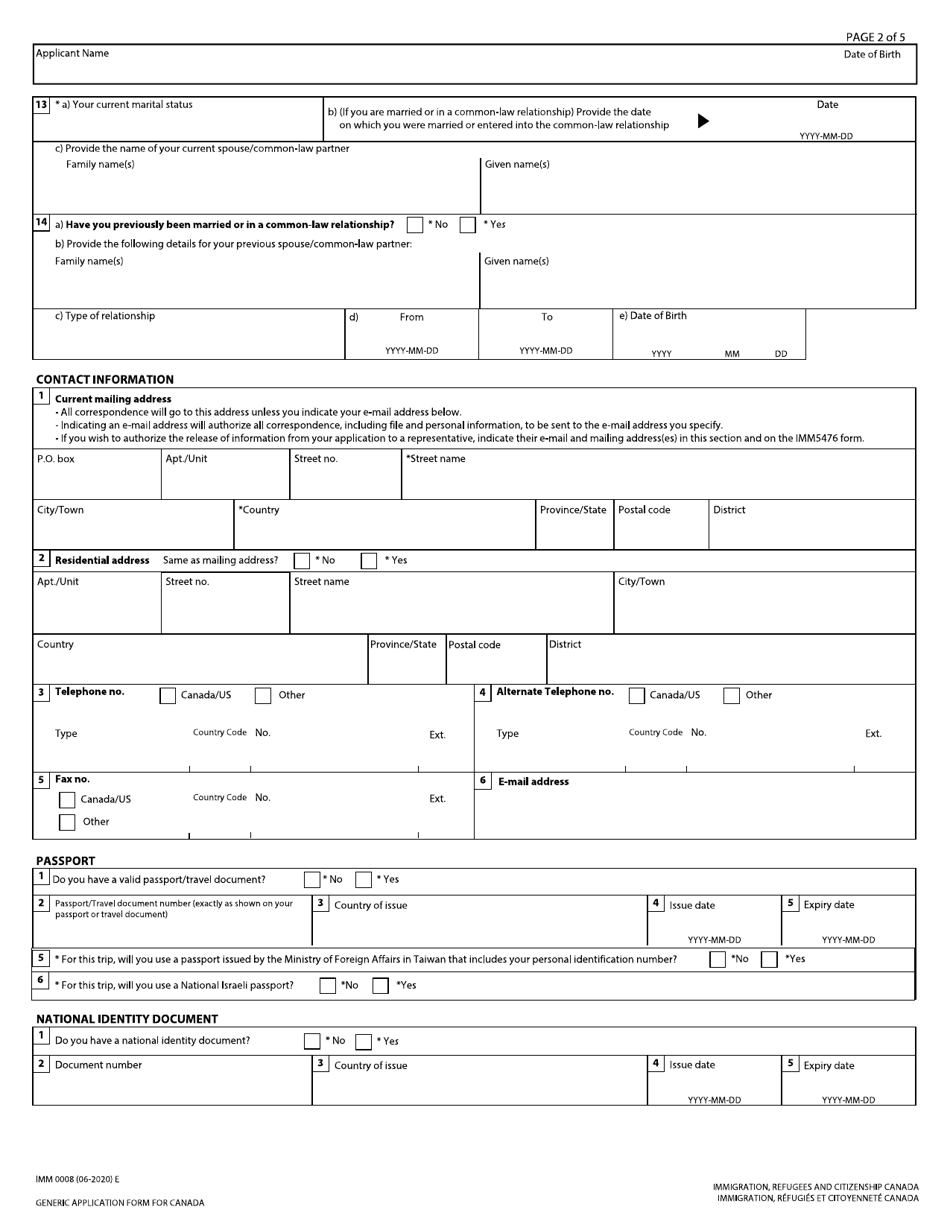 Form IMM0008 Generic Application Form for Canada - Canada, Page 2