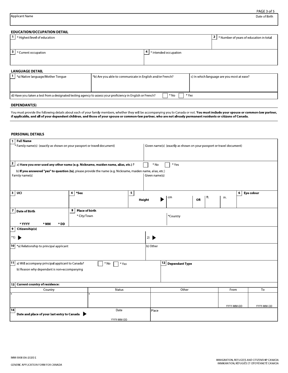 Form IMM0008 Generic Application Form for Canada - Canada, Page 3