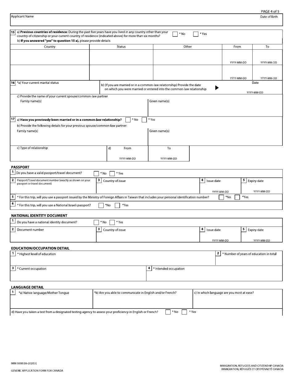 Form IMM0008 Generic Application Form for Canada - Canada, Page 4