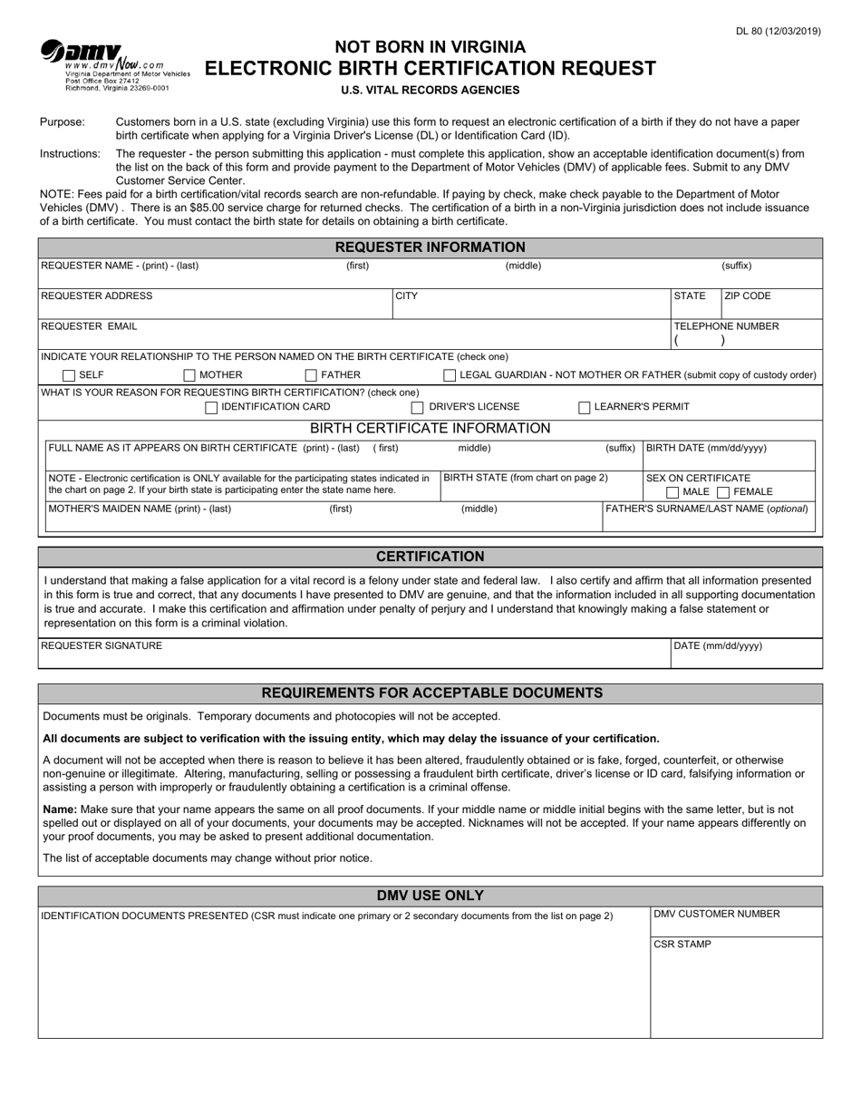 Form DL80 - Fill Out, Sign Online and Download Fillable PDF, Virginia ...