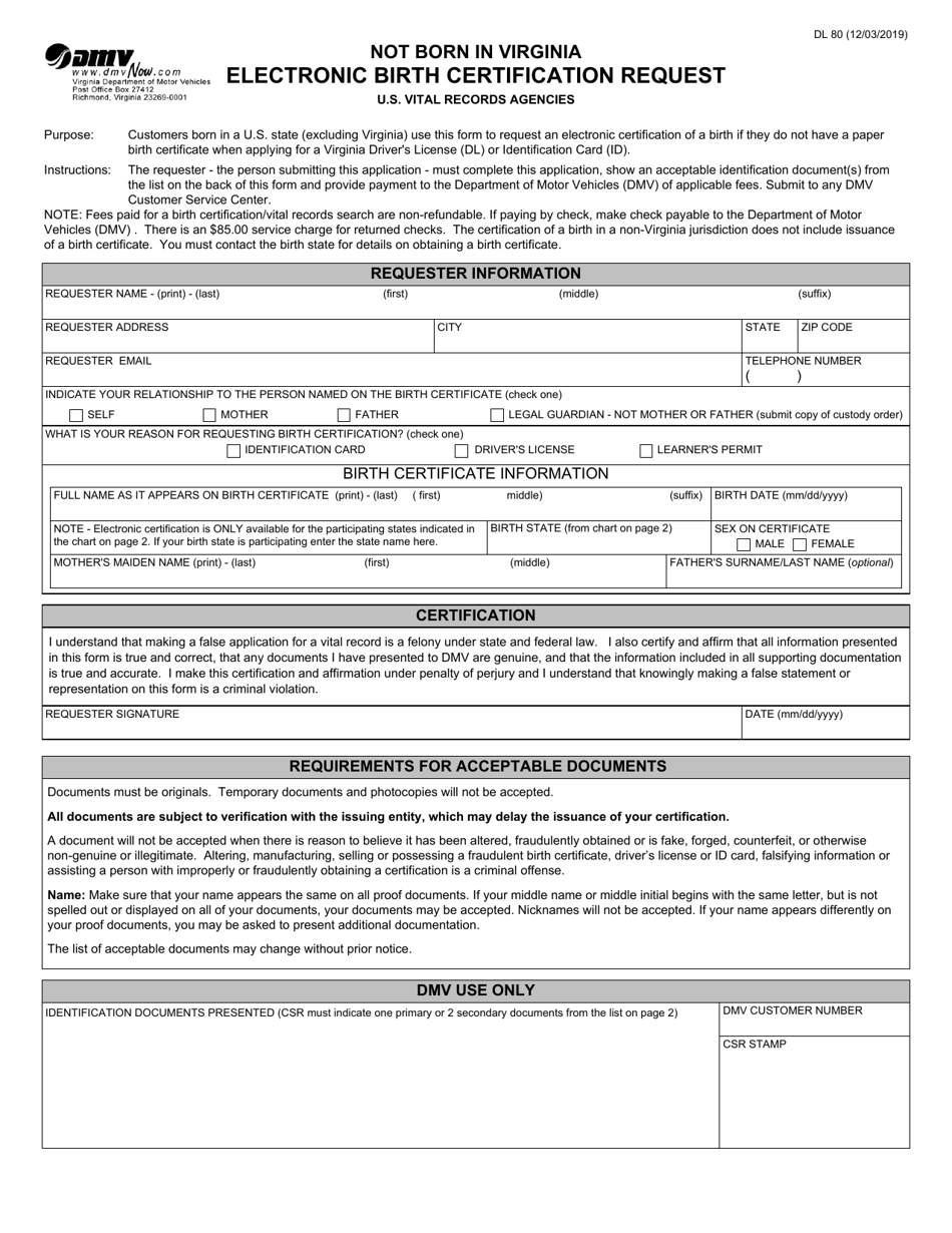 Form DL80 Electronic Birth Certification Request - Not Born in Virginia - Virginia, Page 1