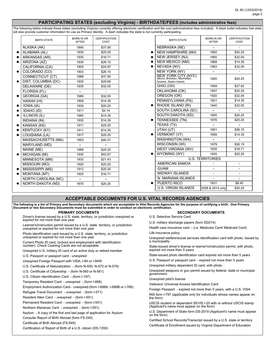 Form DL80 Electronic Birth Certification Request - Not Born in Virginia - Virginia, Page 2