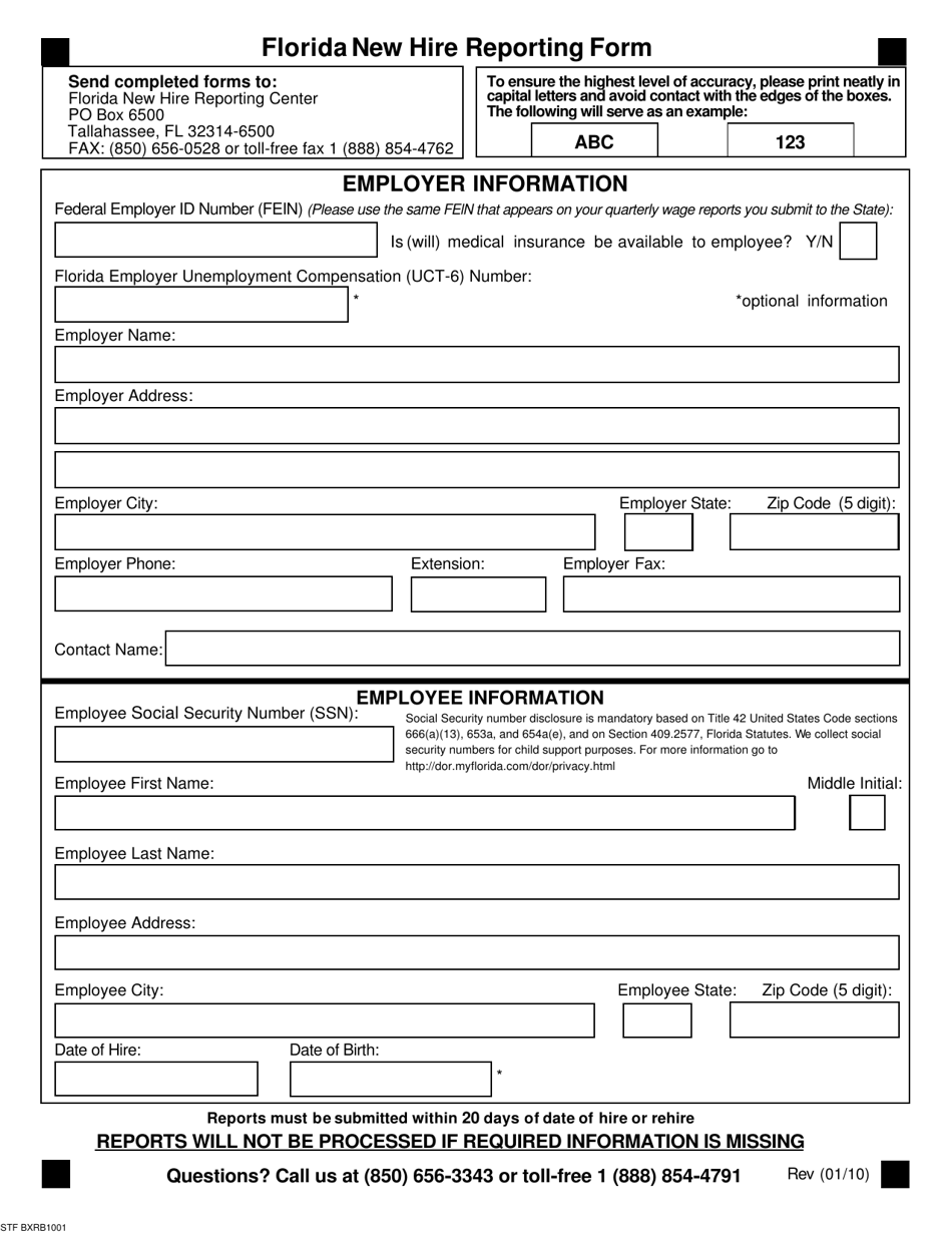 Florida New Hire Reporting Form - Florida, Page 1