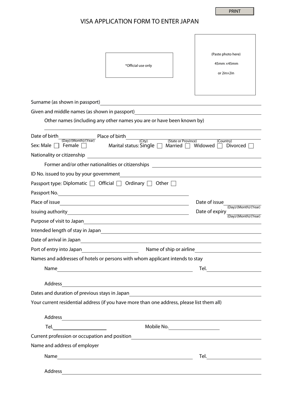 Japanese Visa Application Form, Page 1