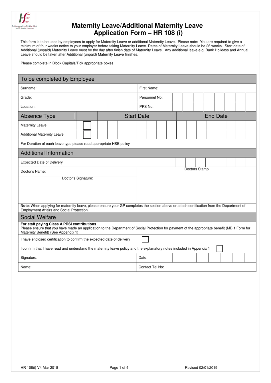 Form HR108 (I) Maternity Leave / Additional Maternity Leave Application Form - Ireland, Page 1