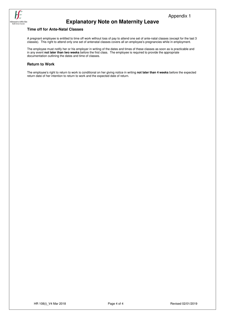 Form HR108 (I) Maternity Leave / Additional Maternity Leave Application Form - Ireland, Page 4