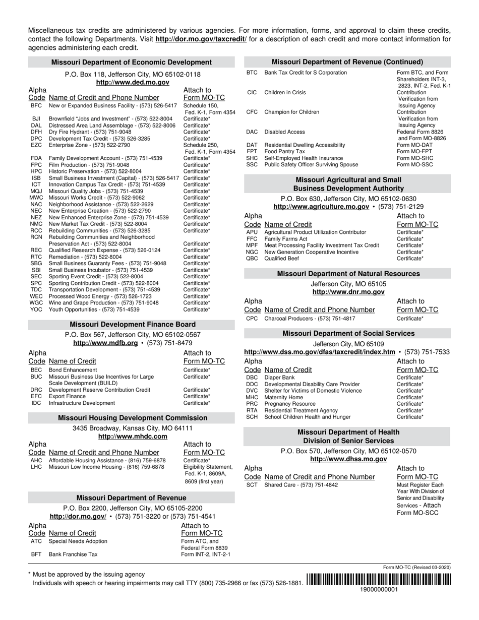 Form MO-TC Miscellaneous Income Tax Credits - Missouri, Page 2