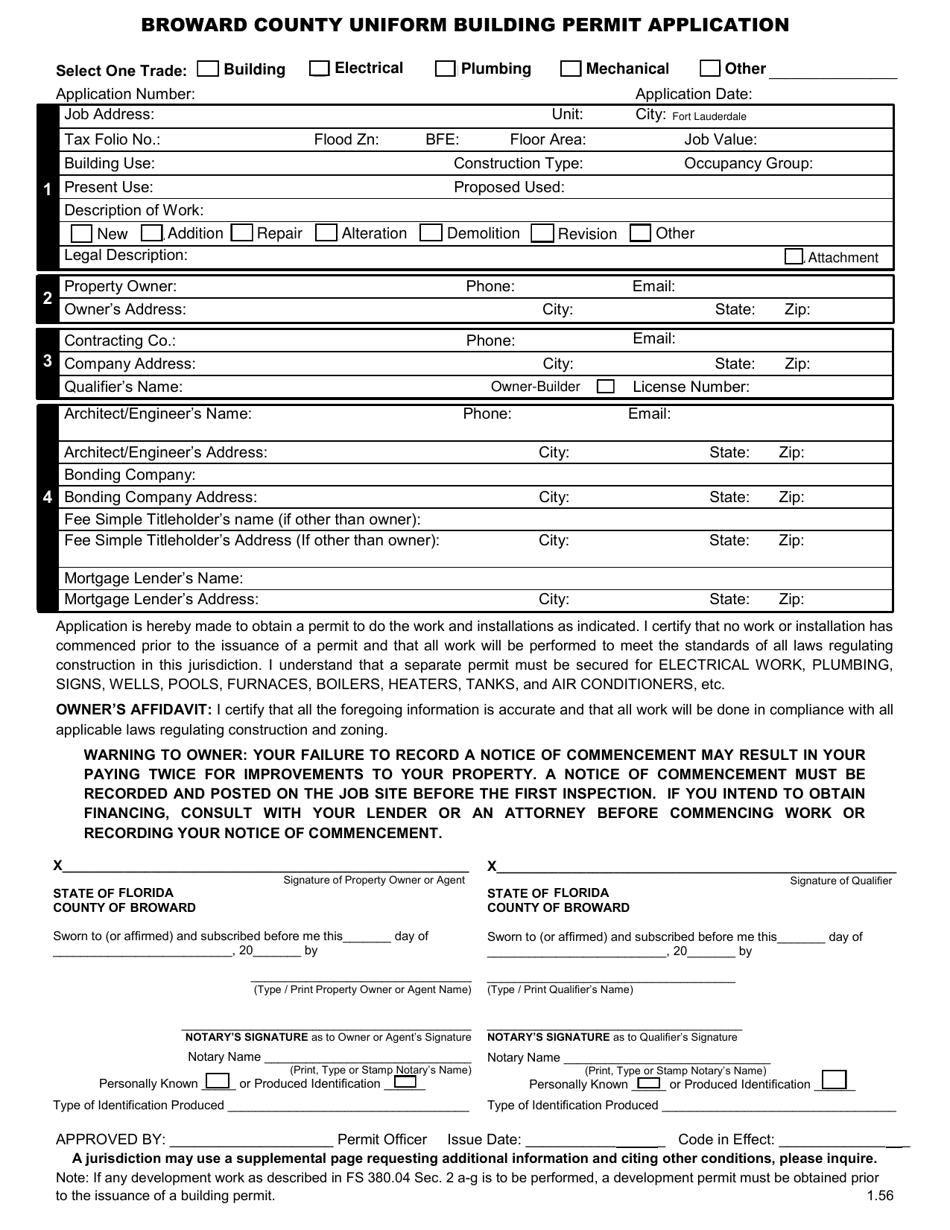 Form AB-279 Broward County / Fort Lauderdale Uniform Building Permit Application - City of Fort Lauderdale, Florida, Page 1