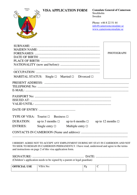 Cameroon Visa Application Form - Consulate General of Cameroon - Stockholm, Sweden Download Pdf