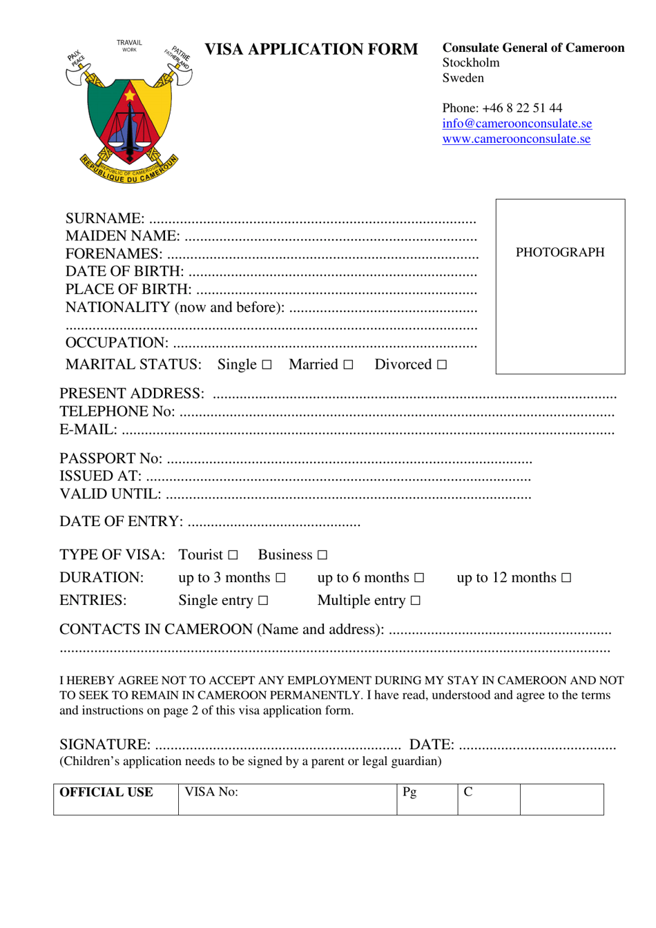 Cameroon Visa Application Form - Consulate General of Cameroon - Stockholm, Sweden, Page 1