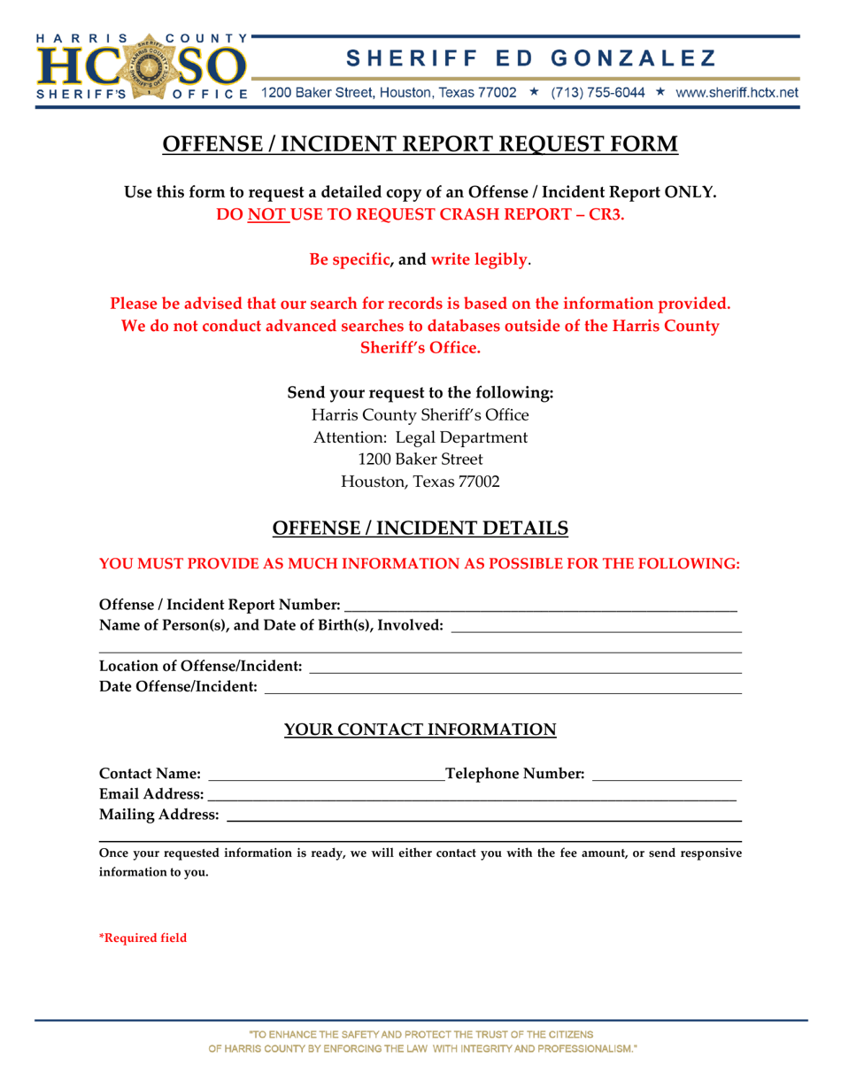 Offense / Incident Report Request Form - Harris County, Texas, Page 1