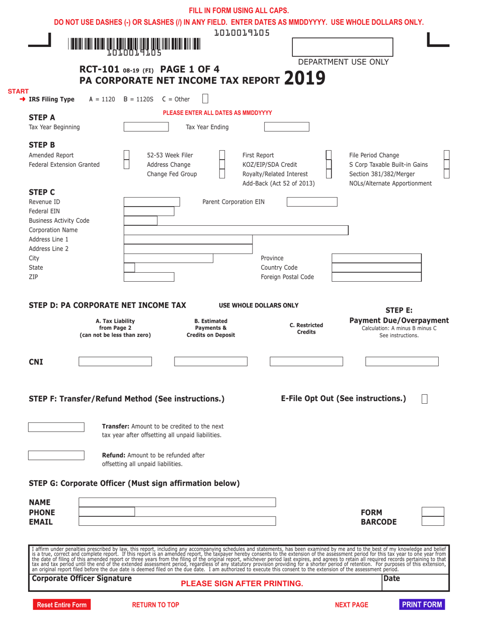 Form RCT-101 Pa Corporate Net Income Tax Report - Pennsylvania, Page 1
