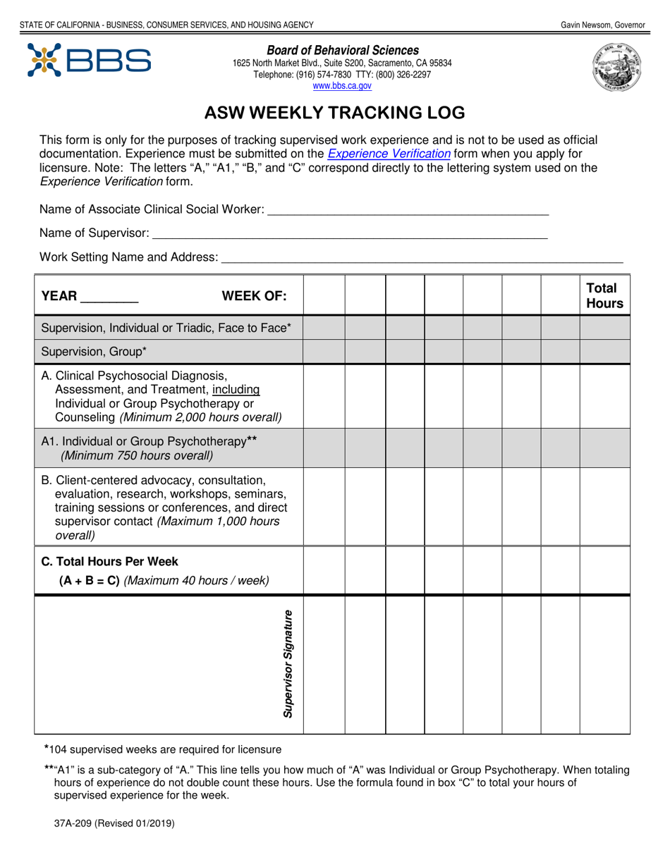 Form 37A-209 Asw Weekly Tracking Log - California, Page 1