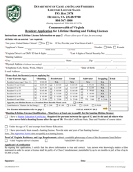 Commonwealth of Virginia Resident Application for Lifetime Hunting and Fishing Licenses - Virginia