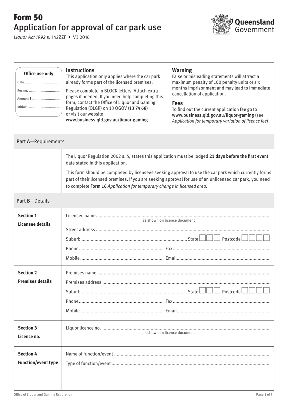 Form 50 Application for Approval of Car Park Use - Queensland, Australia, Page 1