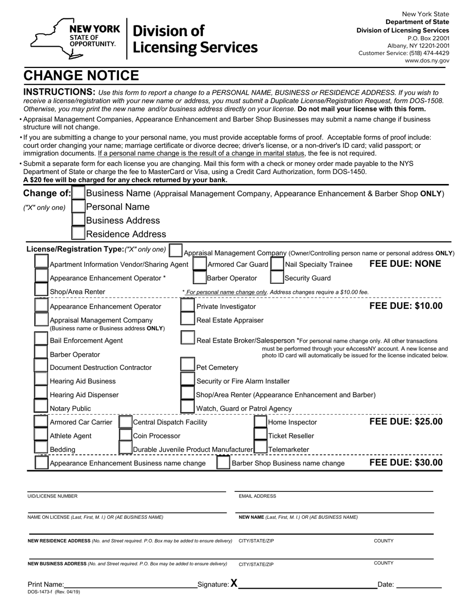Form DOS1473F Fill Out, Sign Online and Download Fillable PDF, New