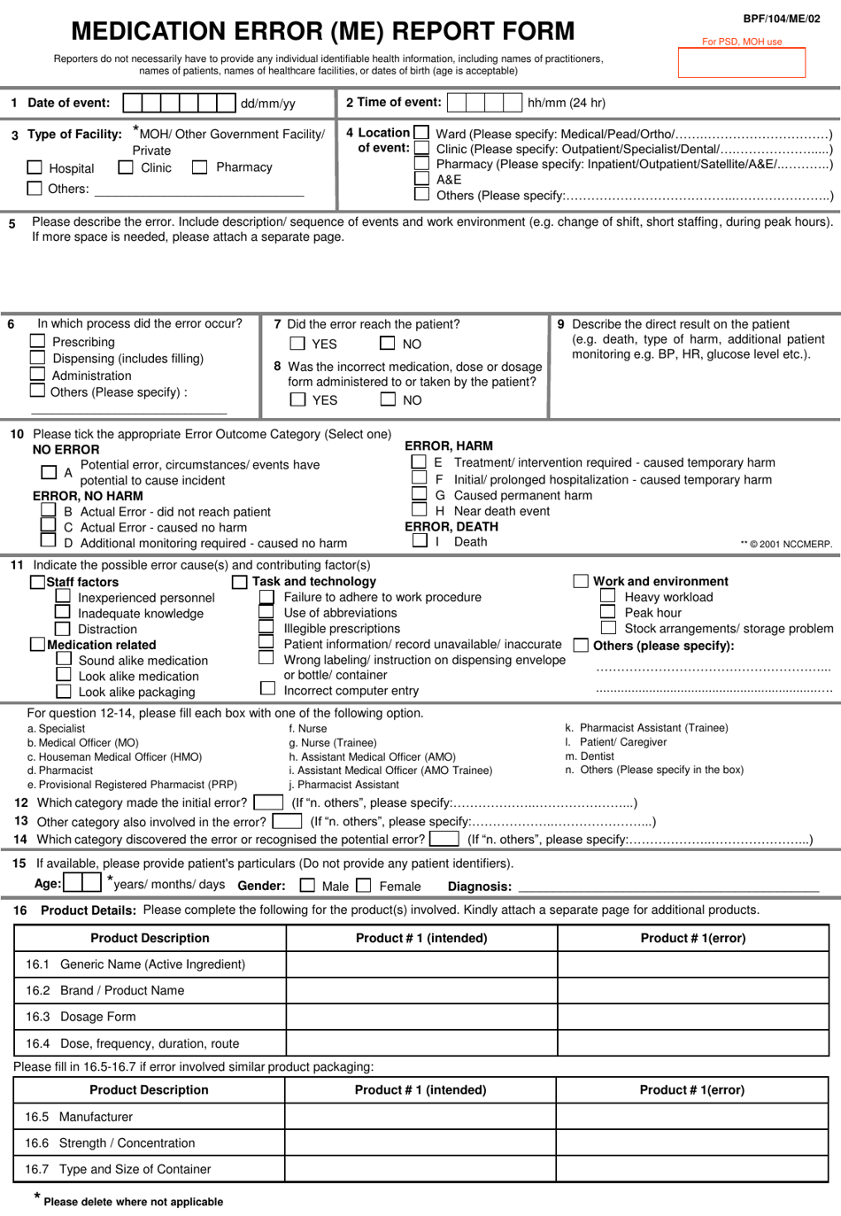 Form BPF / 104 / ME / 02 Medication Error (Me) Report Form - Malaysia, Page 1