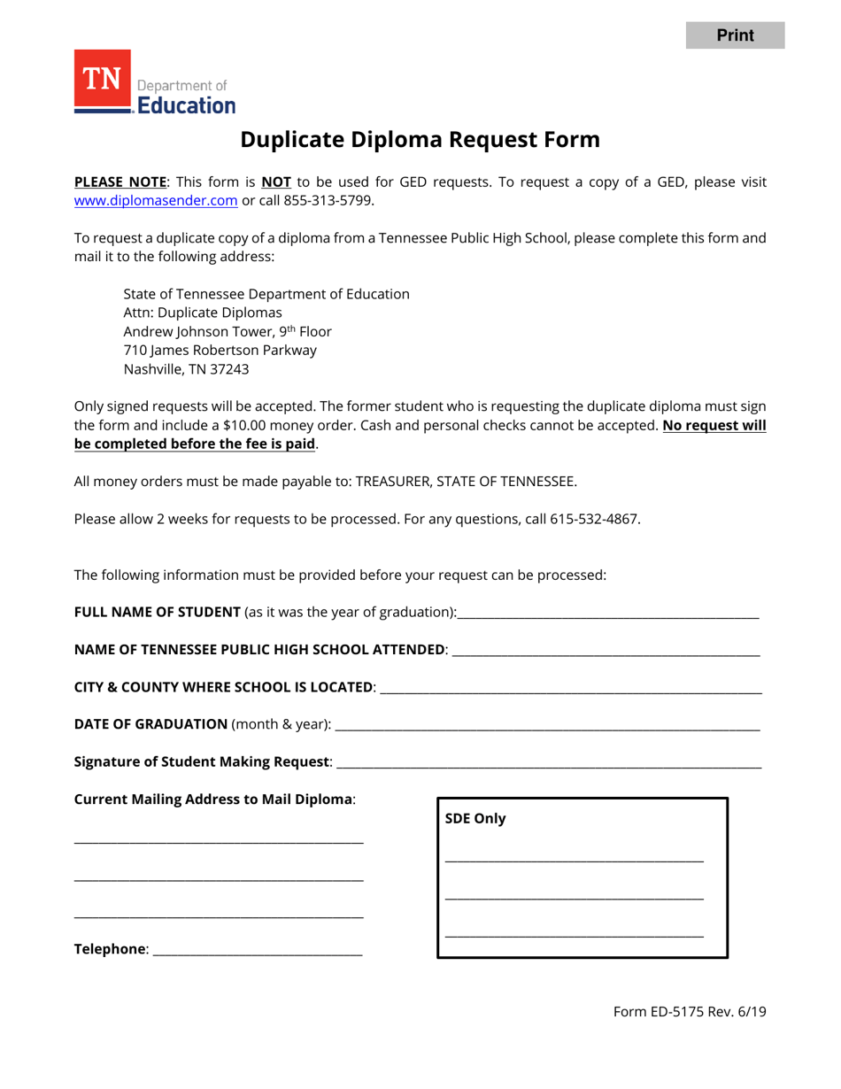 Form ED-5175 Duplicate Diploma Request Form - Tennessee, Page 1