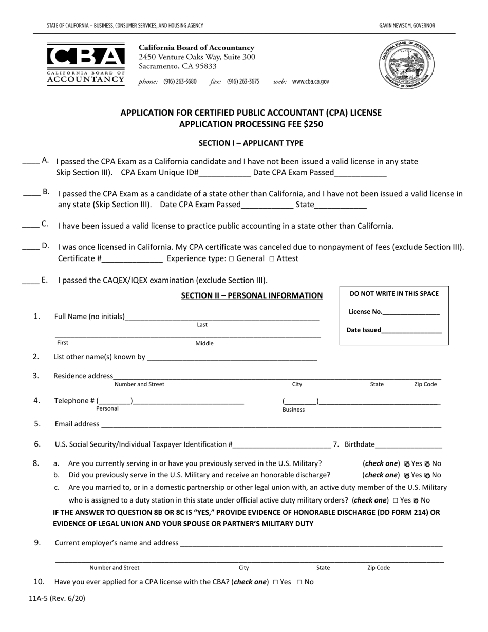 Form 11A-5 Application for Certified Public Accountant (CPA) License - California, Page 1