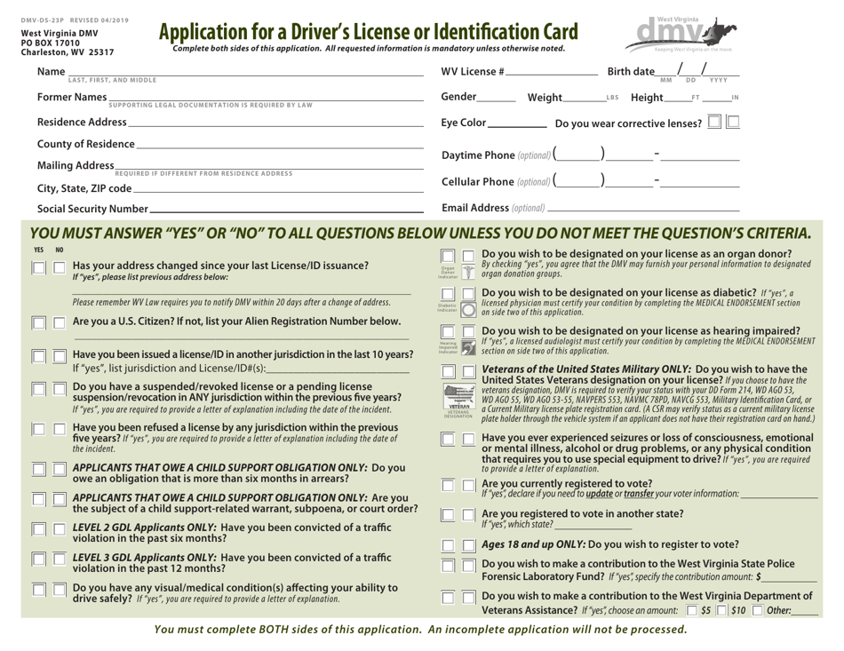 Form DMV-DS-23P Application for a Drivers License or Identification Card - West Virginia, Page 1