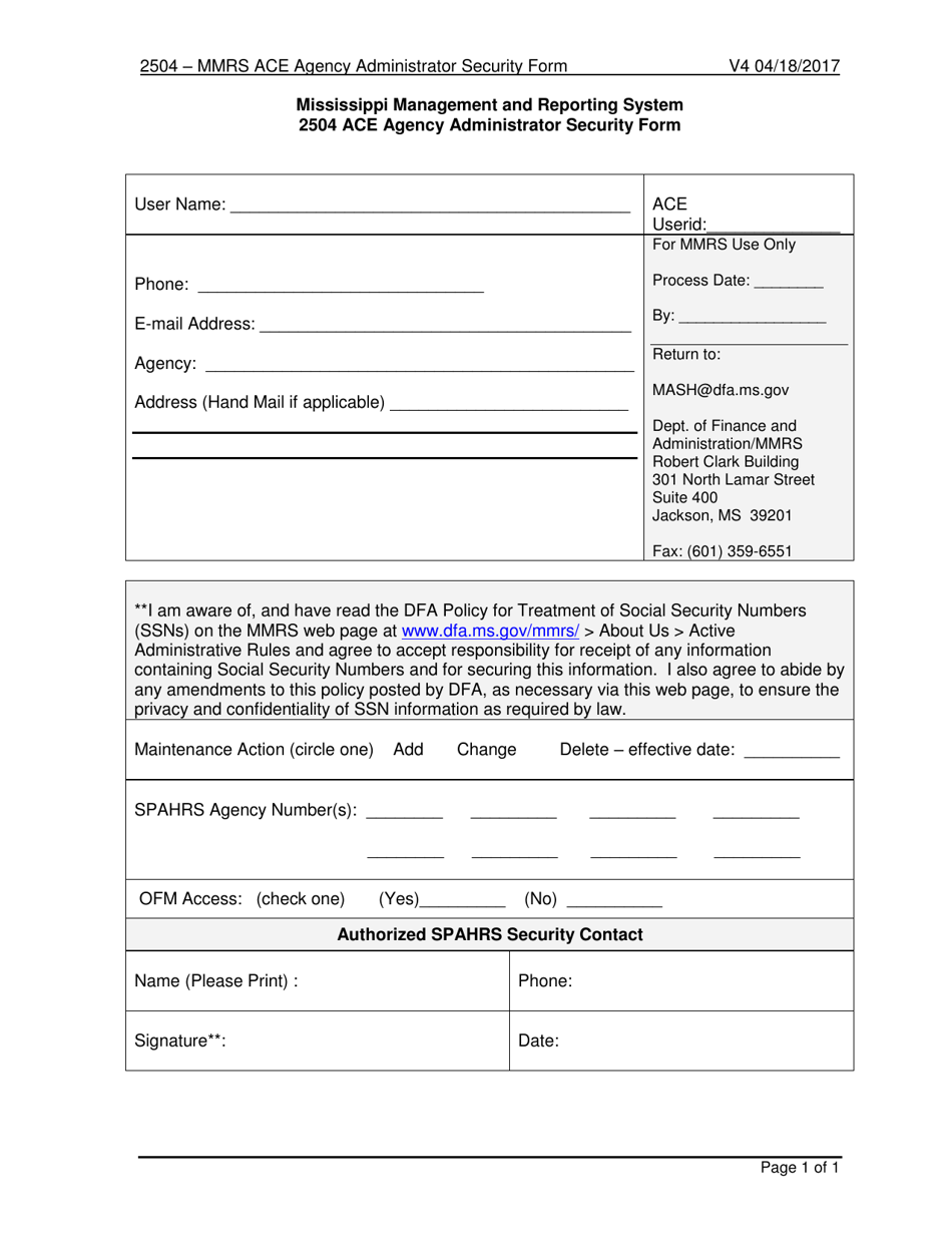 2504 Ace Agency Administrator Security Form - Mississippi, Page 1