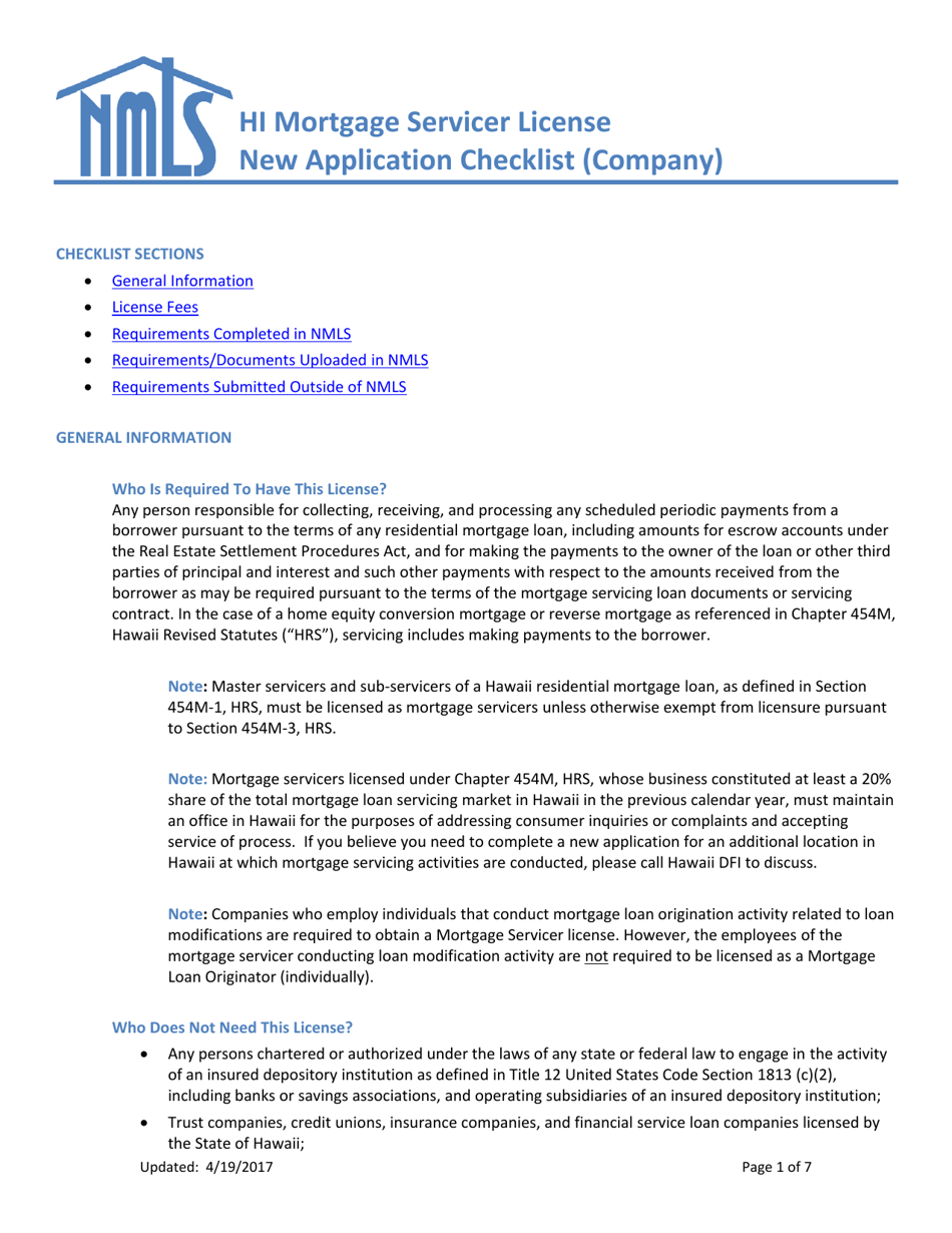 Hi Mortgage Servicer License New Application Checklist (Company) - Hawaii, Page 1