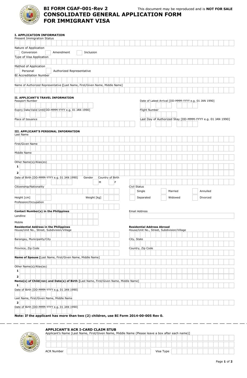 BI Form CGAF-001 REV 2 Consolidated General Application Form for Immigrant Visa - Philippines, Page 1