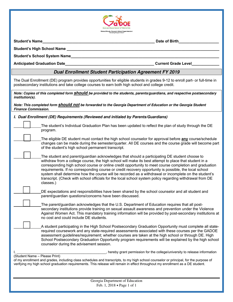 2019 Georgia United States Dual Enrollment Student Participation 