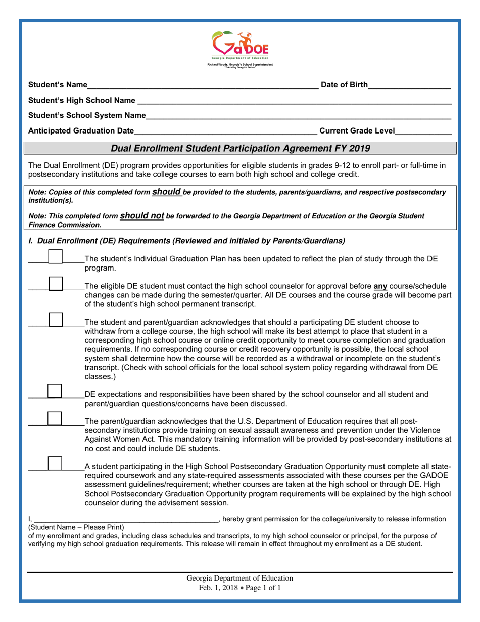 Dual Enrollment Student Participation Agreement - Georgia (United States), Page 1