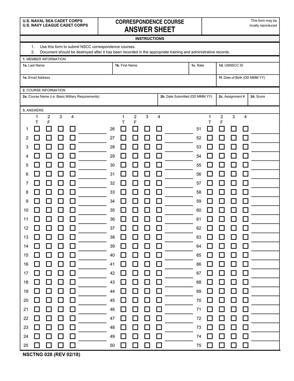NSCTNG Form 028 Correspondence Course Answer Sheet, Page 1