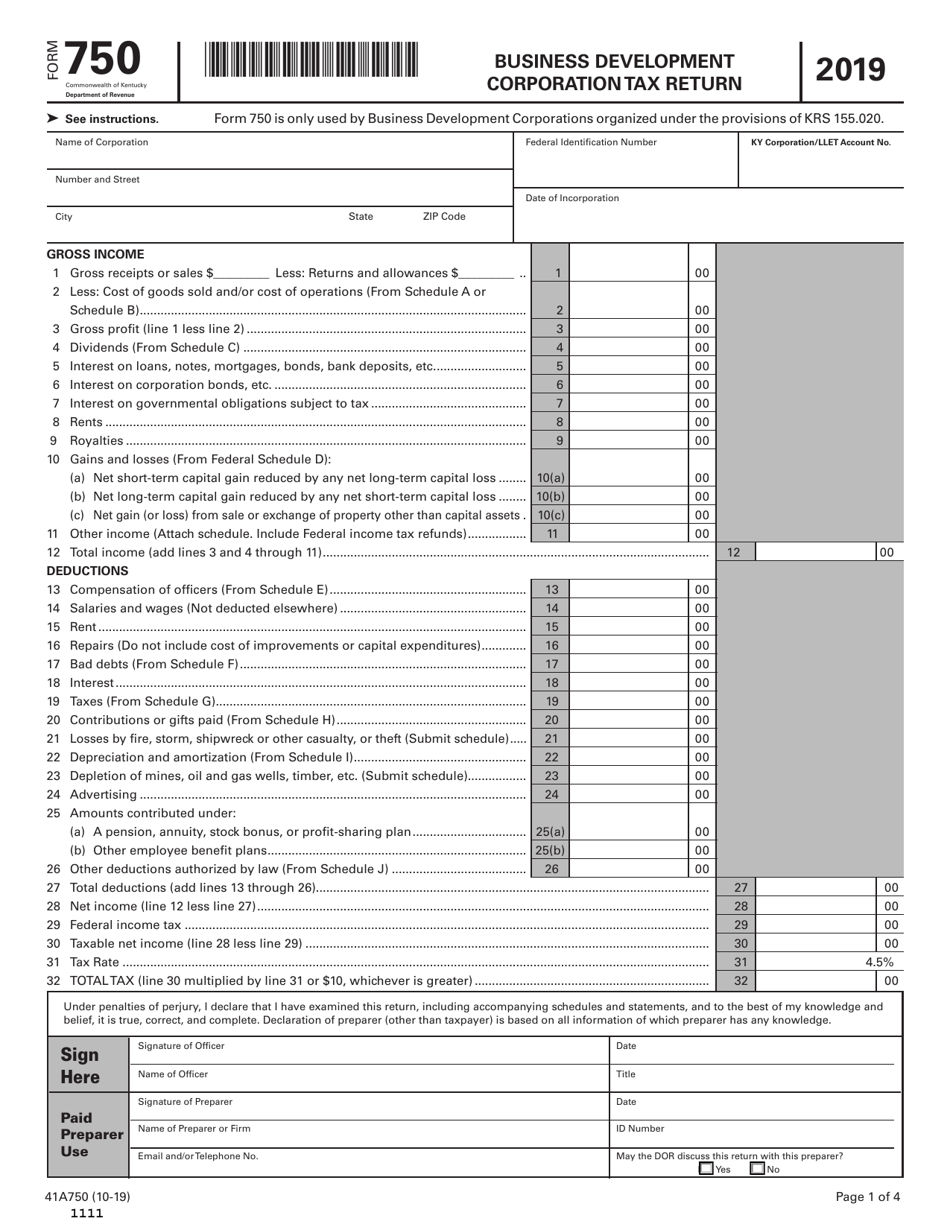 Form 750 (41A750) Business Development Corporation Tax Return - Kentucky, Page 1