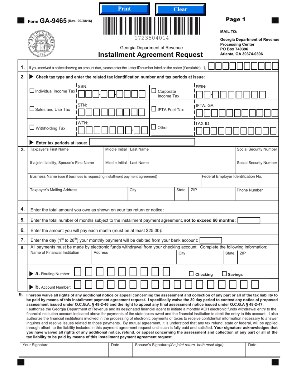Form GA-9465 Installment Agreement Request - Georgia (United States), Page 2