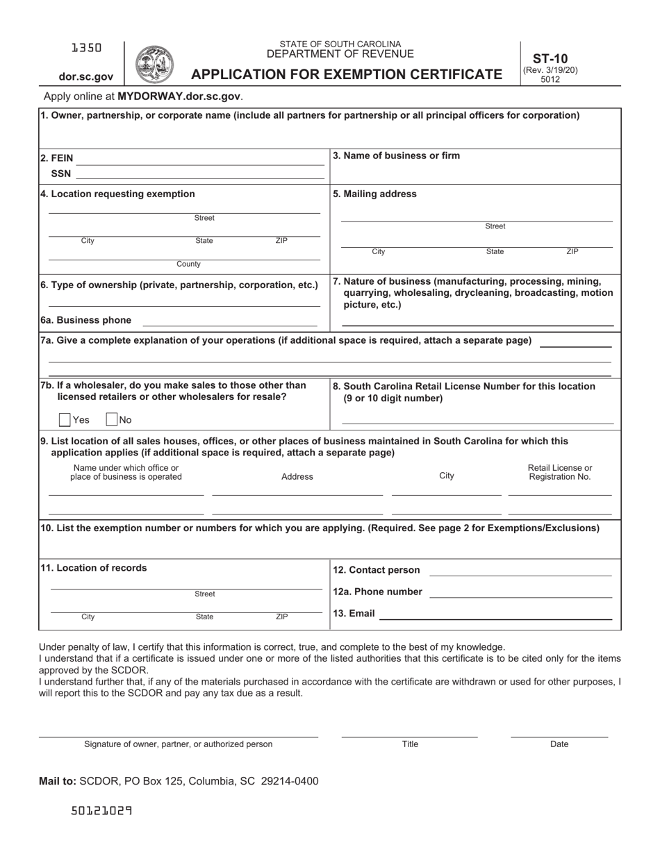 Form ST-10 Application for Exemption Certificate - South Carolina, Page 1