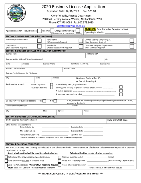 Business License Application - City of Wasilla, Alaska, 2020