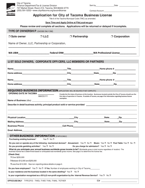 Application for City of Tacoma Business License - City of Tacoma, Washington Download Pdf