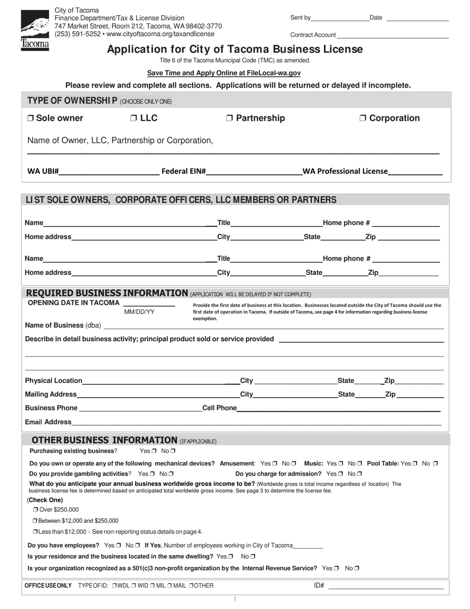 Application for City of Tacoma Business License - City of Tacoma, Washington, Page 1