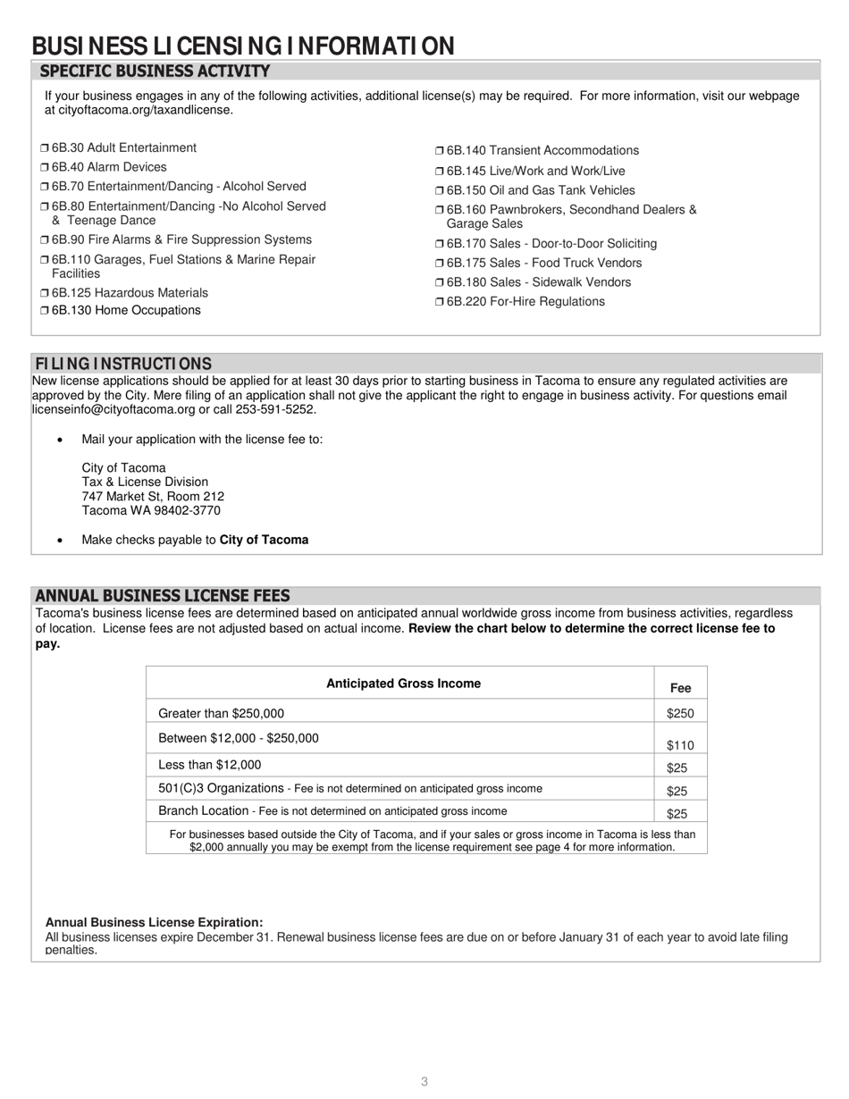 City Of Tacoma, Washington Application For City Of Tacoma Business ...