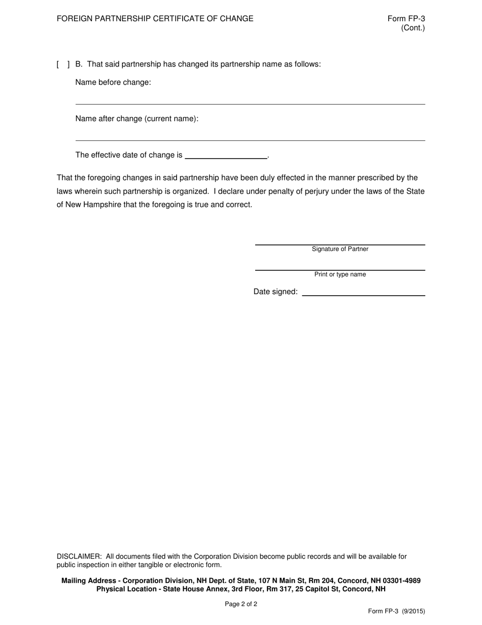Form FP-3 Foreign Partnership Certificate of Change - New Hampshire, Page 2