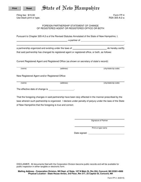 Form FP-4 Foreign Partnership Statement of Change of Registered Agent or Registered Office or Both - New Hampshire