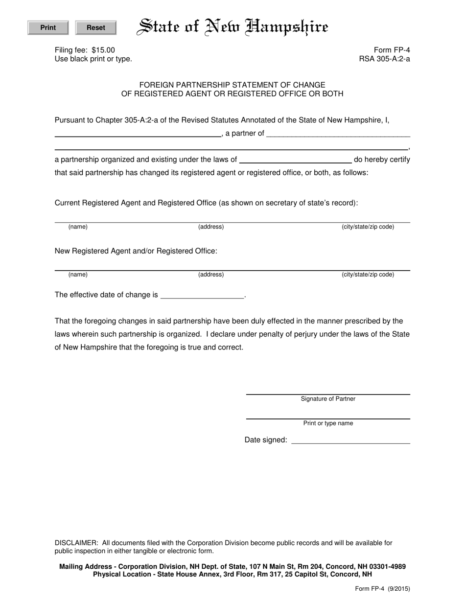 Form FP-4 Foreign Partnership Statement of Change of Registered Agent or Registered Office or Both - New Hampshire, Page 1